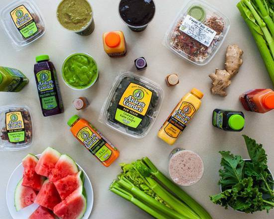 Display of fresh fruits, veggies, and juice